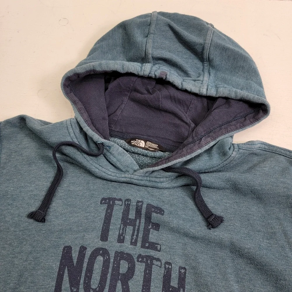 The North Face Distressed Pullover Hoodie Sweatshirt Camp‎ Mens Sz L Faded Blue
